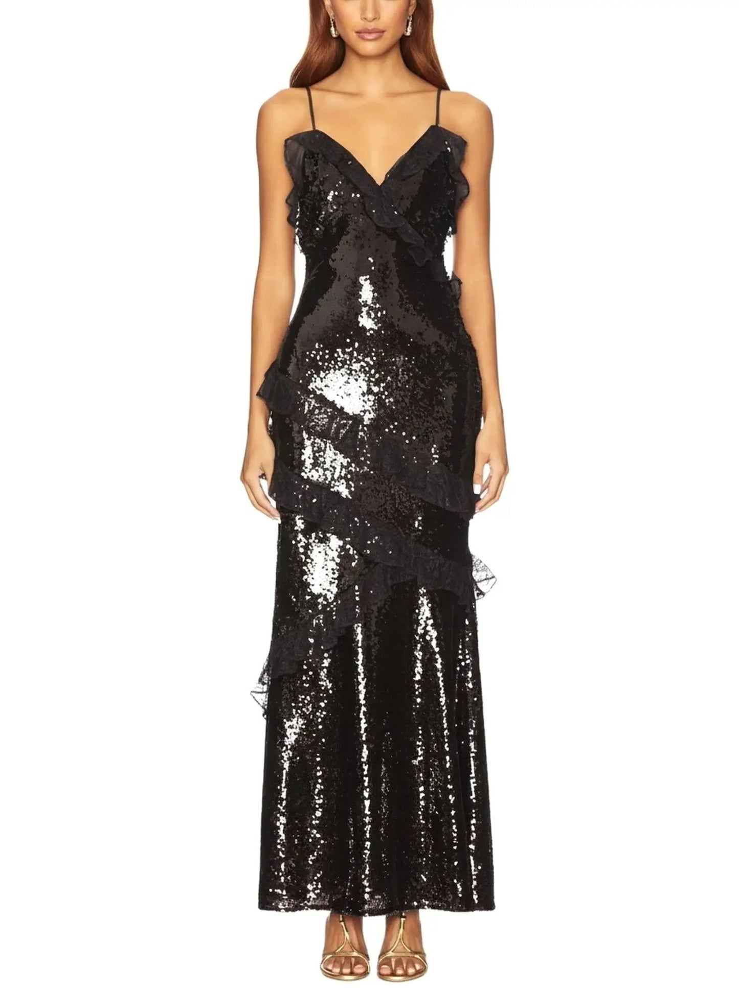 Sequin Maxi Dress with Lace Ruffle Detail - S / Black - Dresses
