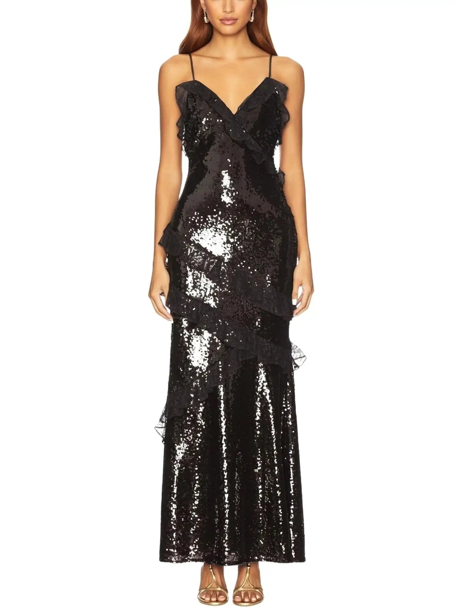 Sequin Maxi Dress with Lace Ruffle Detail - S / Black - Dresses