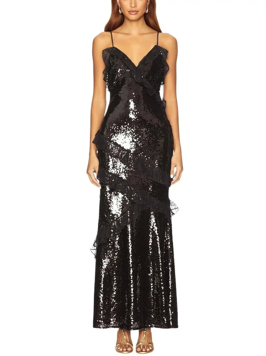 Sequin Maxi Dress with Lace Ruffle Detail - S / Black - Dresses