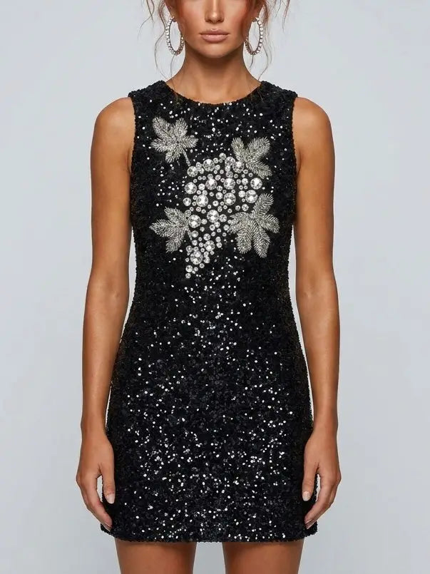 Sequin Mini Dress with Rhinestone Grapevine Motif - Small - Dresses