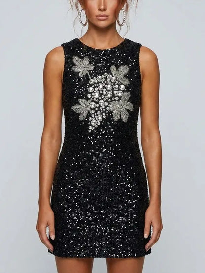 Sequin Mini Dress with Rhinestone Grapevine Motif - Small - Dresses