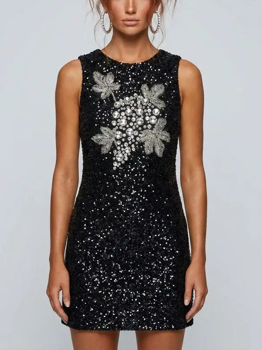 Sequin Mini Dress with Rhinestone Grapevine Motif - Small - Dresses
