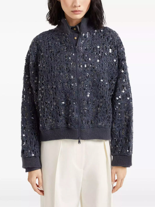 Sequin Open-Knit Cardigan Sweater - Small / Navy - Sweaters & Knitwear