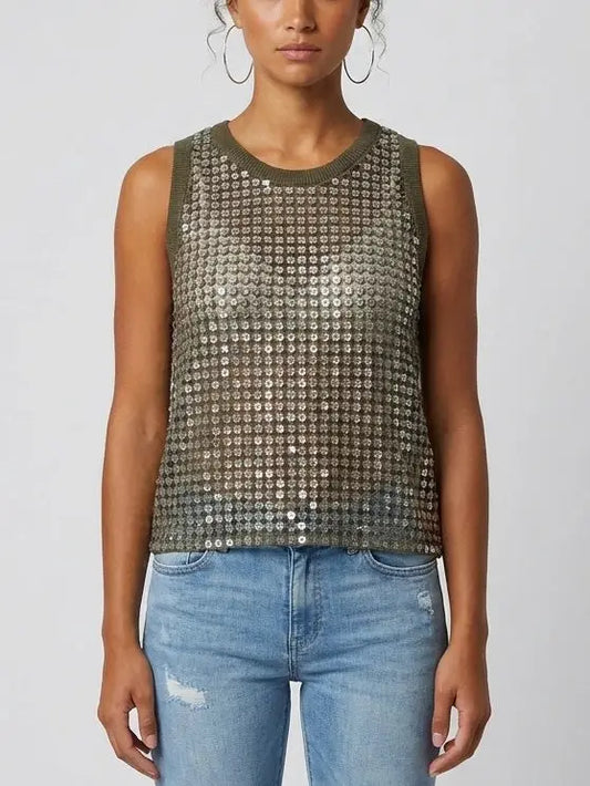 Sequin Open-Knit Tank Top - Small / Olive Green - Tops