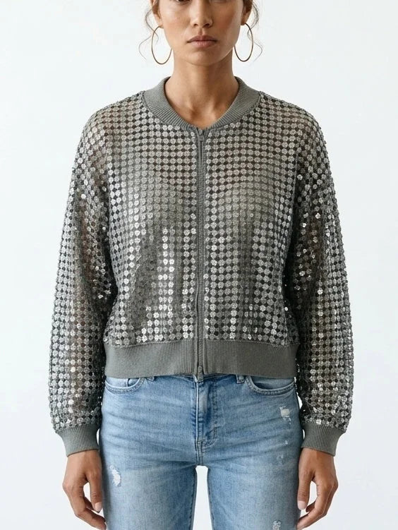 Sequin Open Knit Zip Front Linen Blend Cardigan - Small / Army/Military Green - Sweaters & Knitwear