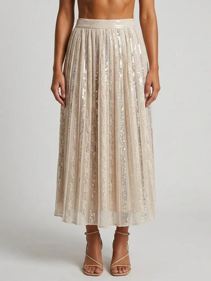 Sequin Paneled Pleated Midi Skirt - Small - Skirts