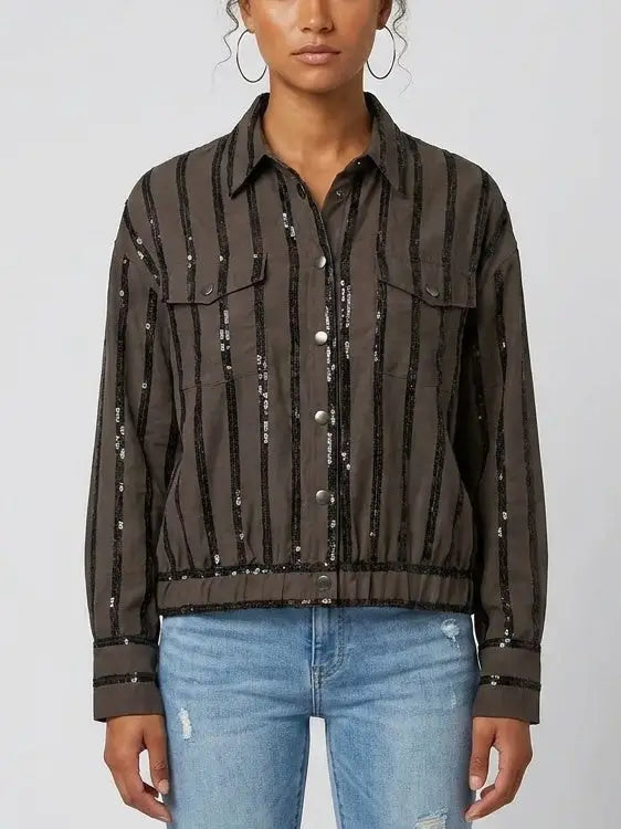 Sequin Stripe Snap Button Utility Shirt - Small - Tops