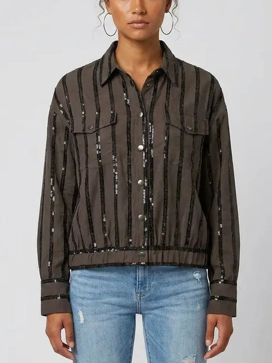 Sequin Stripe Snap Button Utility Shirt - Small - Tops