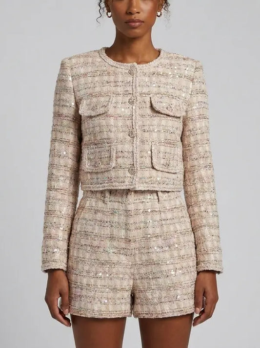 Sequin Tweed Cropped Jacket and Shorts Set - Small - Suits & Sets