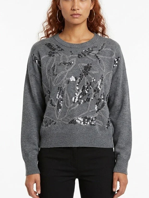 Sequin Botanical Cashmere Crew Neck Sweater - Small / Grey - Sweaters & Knitwear