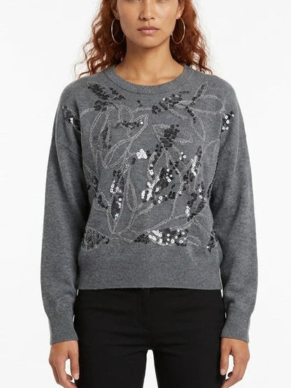 Sequin Botanical Cashmere Crew Neck Sweater - Small / Grey - Sweaters & Knitwear