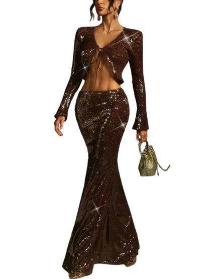 Sequin Cardigan and Skirt Set in Brown - Suits & Sets