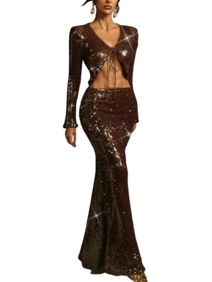 Sequin Cardigan and Skirt Set in Brown - Suits & Sets