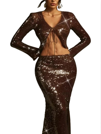 Sequin Cardigan and Skirt Set in Brown - Suits & Sets