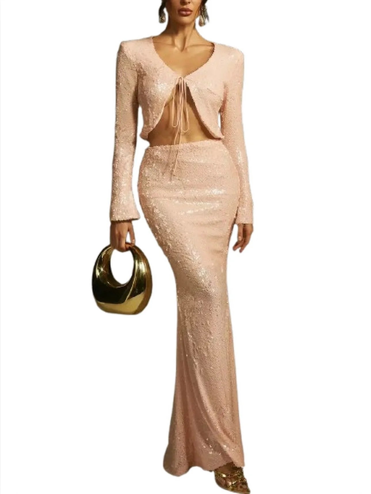 Sequin Cardigan and Skirt Set in Light Beige - Suits & Sets