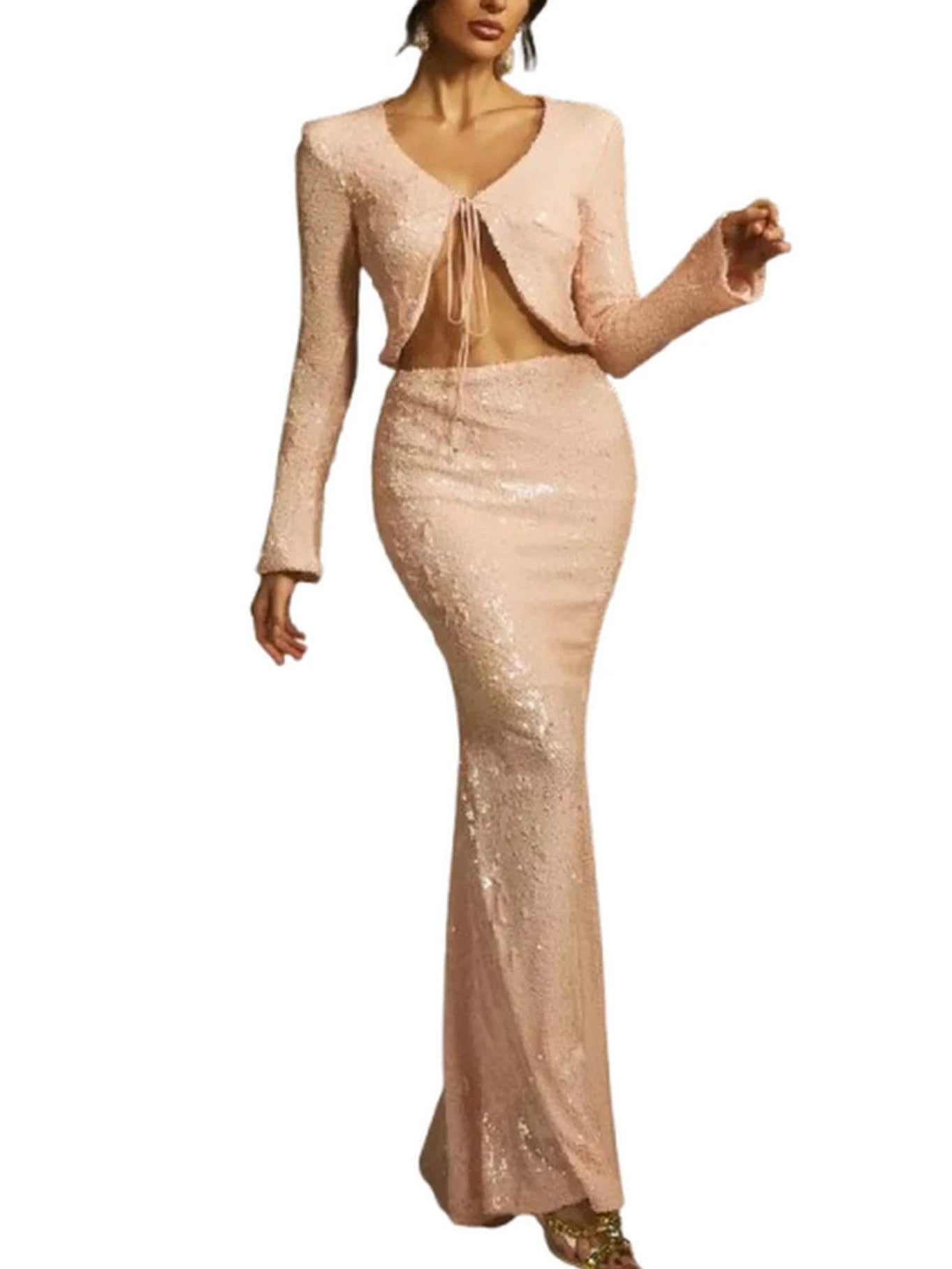 Sequin Cardigan and Skirt Set in Light Beige - Suits & Sets