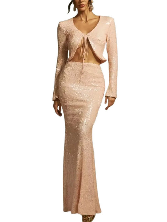 Sequin Cardigan and Skirt Set in Light Beige - XS - Suits & Sets