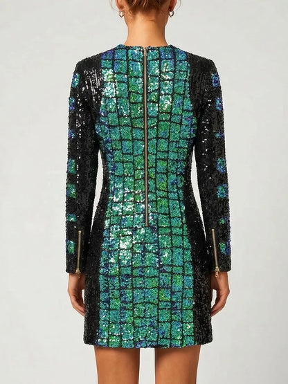 Sequin Crocodile Pattern Long Sleeve Mini Dress - Dresses