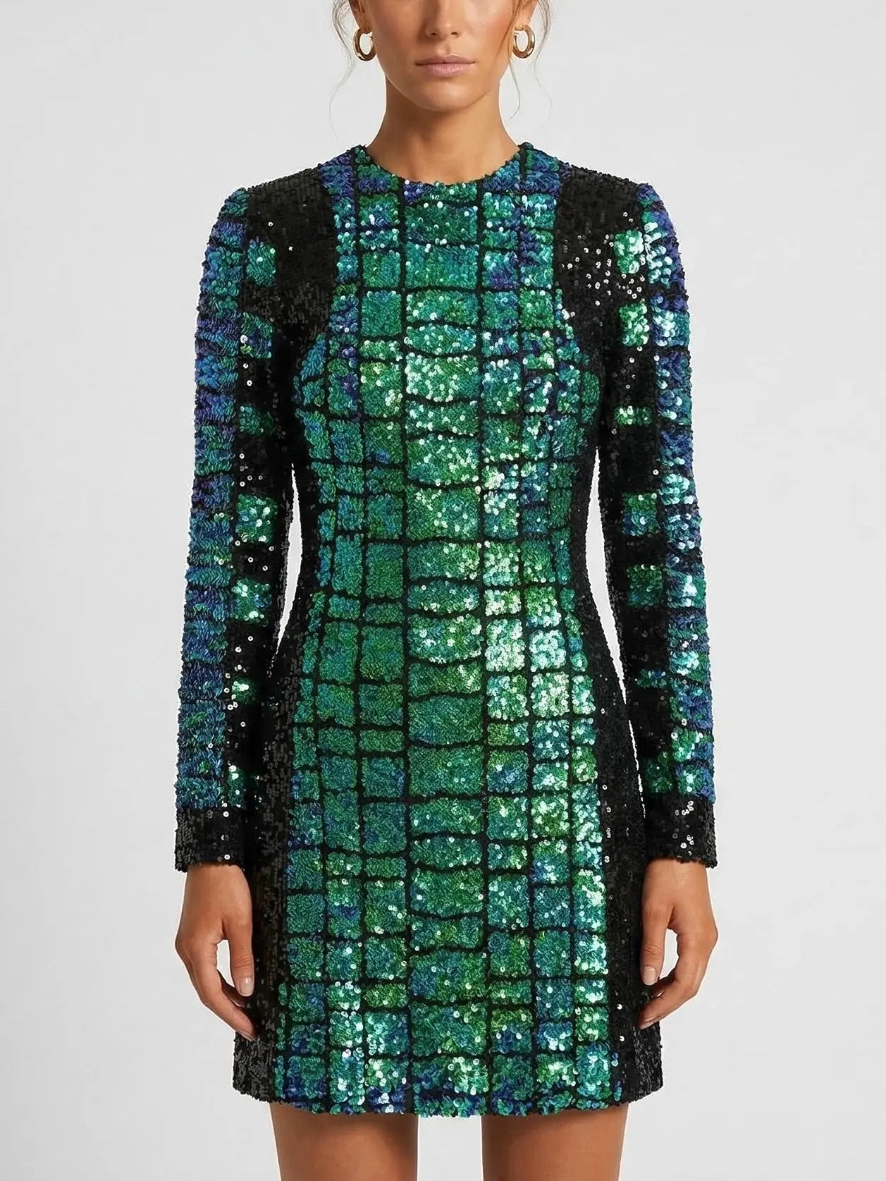 Sequin Crocodile Pattern Long Sleeve Mini Dress - Dresses