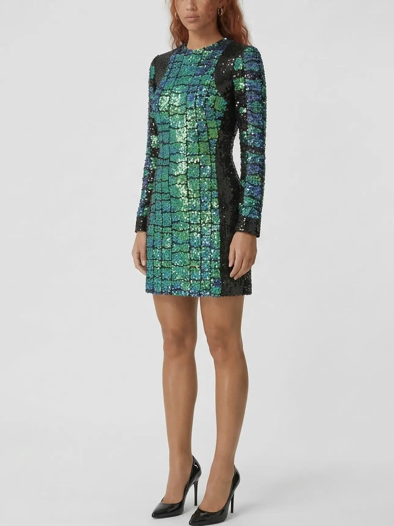 Sequin Crocodile Pattern Long Sleeve Mini Dress - Dresses