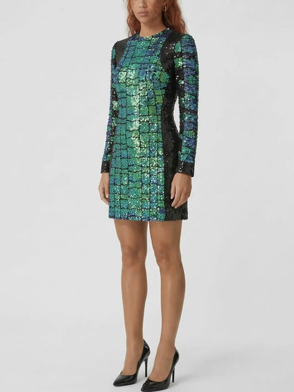 Sequin Crocodile Pattern Long Sleeve Mini Dress - Dresses