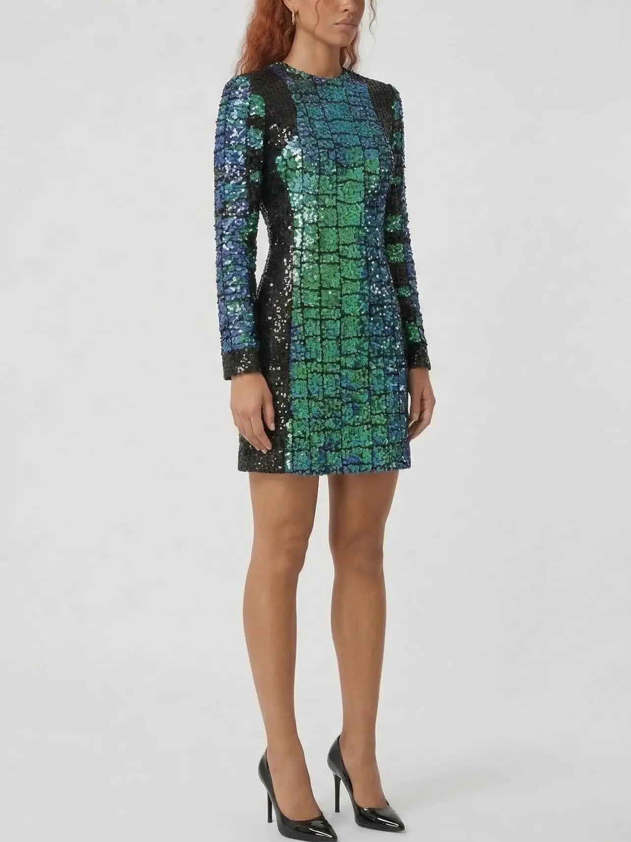 Sequin Crocodile Pattern Long Sleeve Mini Dress - Dresses