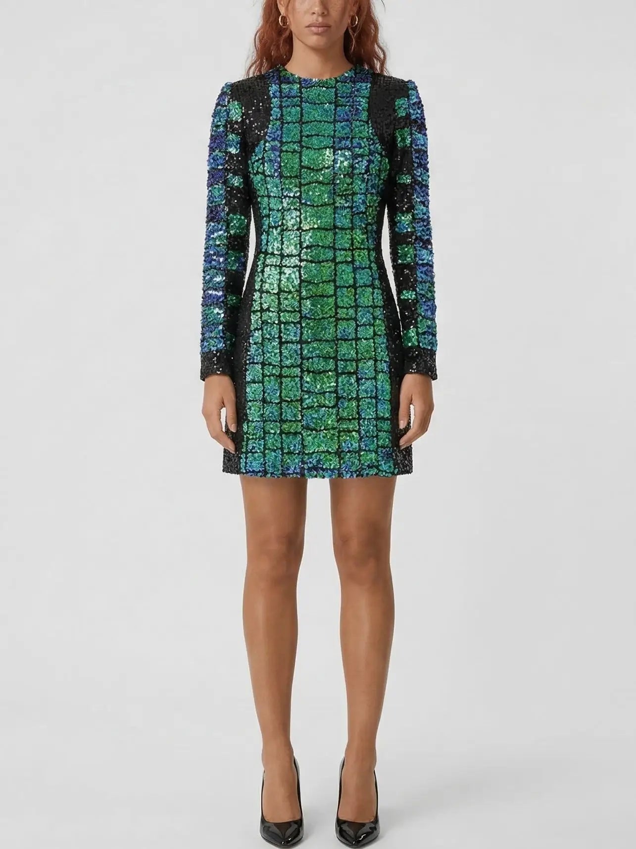 Sequin Crocodile Pattern Long Sleeve Mini Dress - Dresses