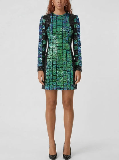 Sequin Crocodile Pattern Long Sleeve Mini Dress - Dresses