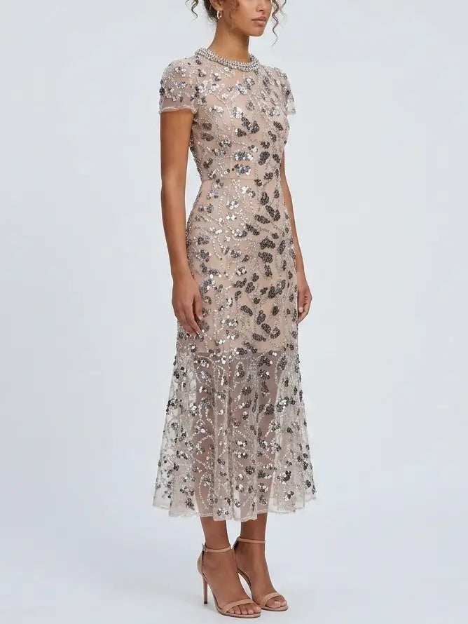 Sequin Embellished Mesh Midi Dress with Fluted Hem - Dresses