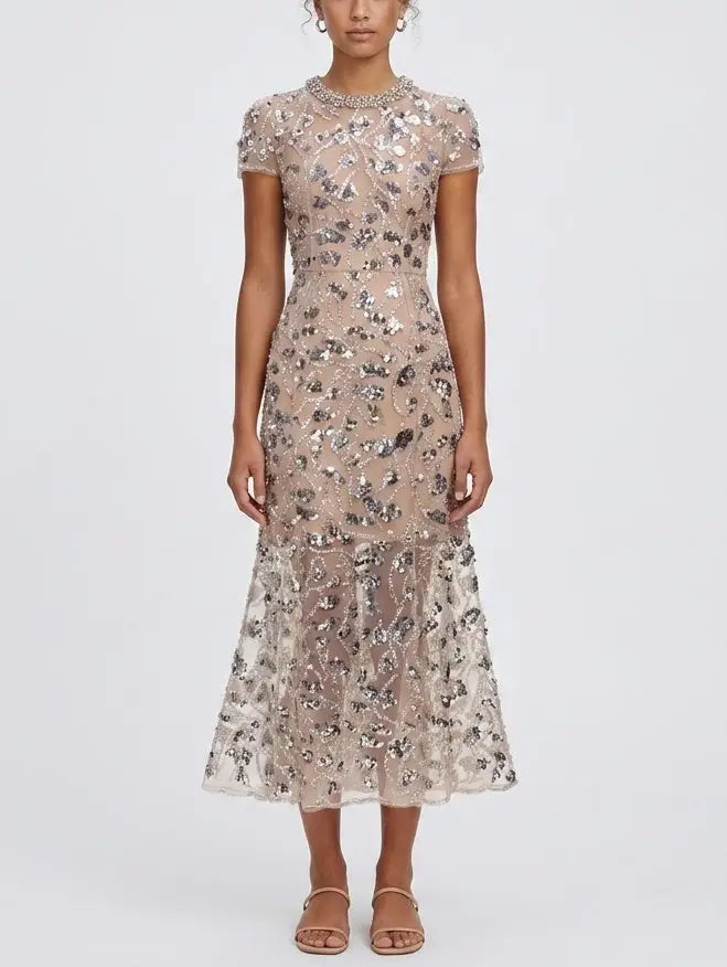 Sequin Embellished Mesh Midi Dress with Fluted Hem - Dresses