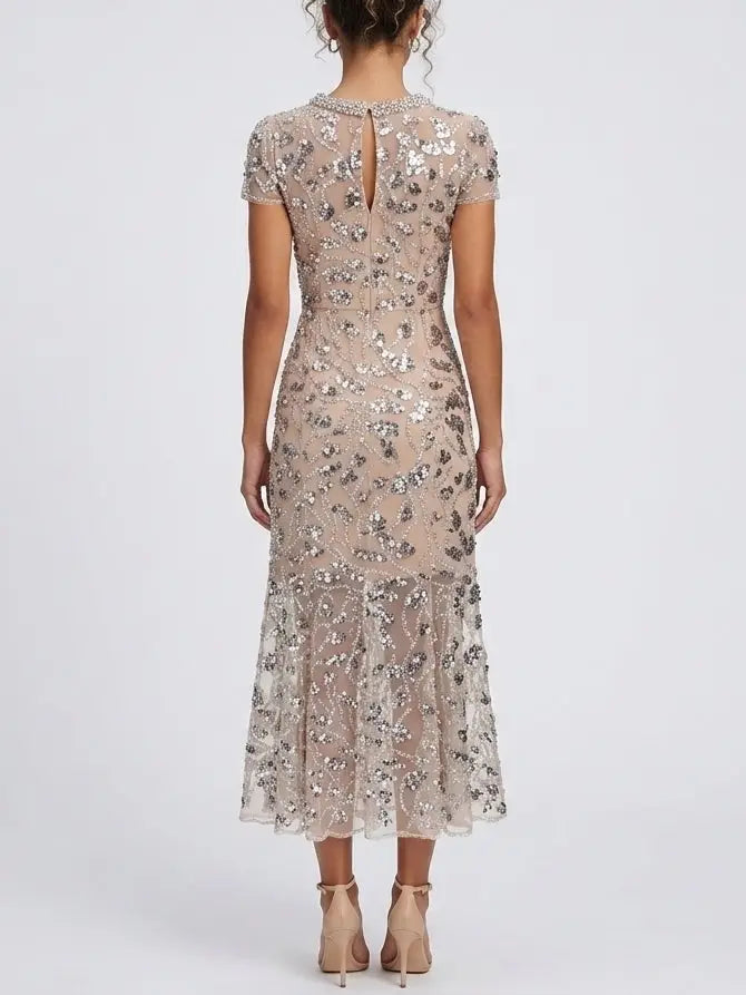 Sequin Embellished Mesh Midi Dress with Fluted Hem - Dresses