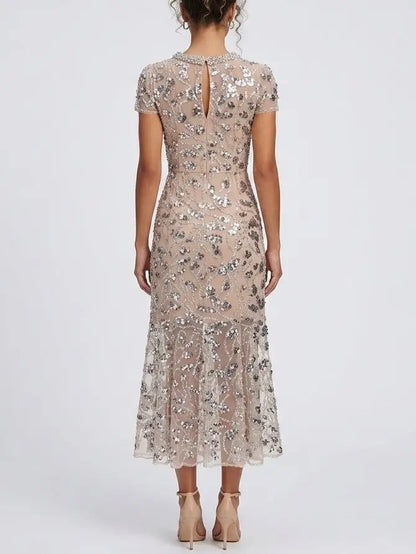 Sequin Embellished Mesh Midi Dress with Fluted Hem - Dresses
