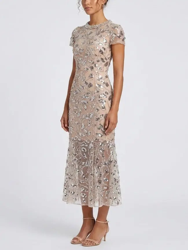 Sequin Embellished Mesh Midi Dress with Fluted Hem - Dresses