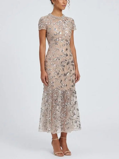 Sequin Embellished Mesh Midi Dress with Fluted Hem - Dresses