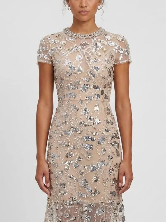 Sequin Embellished Mesh Midi Dress with Fluted Hem - Dresses