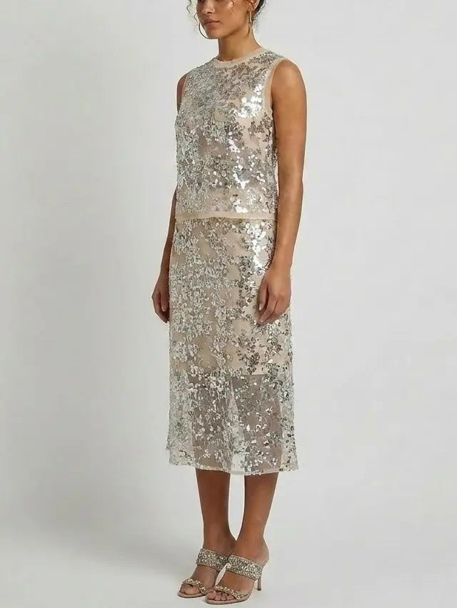 Sequin Embellished Mesh Top and Midi Skirt Set - Suits & Sets