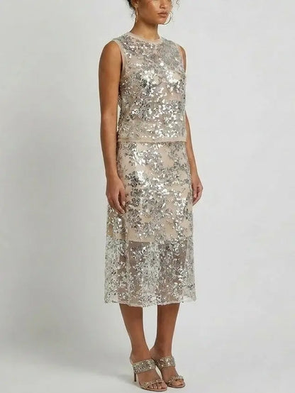 Sequin Embellished Mesh Top and Midi Skirt Set - Suits & Sets