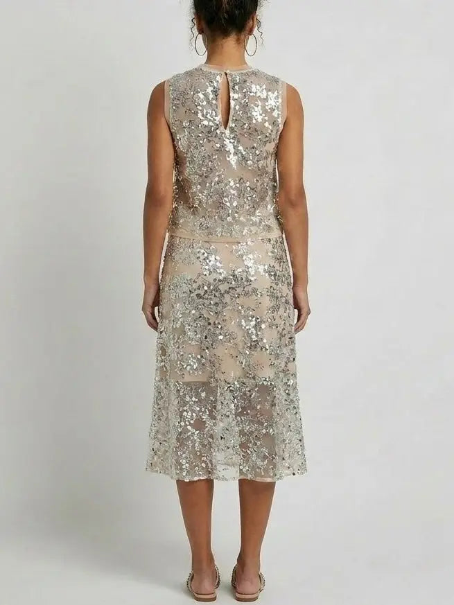 Sequin Embellished Mesh Top and Midi Skirt Set - Suits & Sets