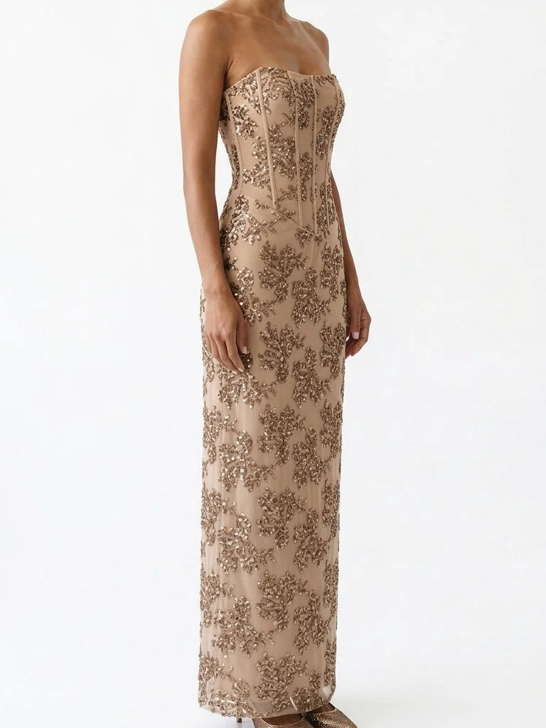 Sequin Embellished Strapless Corset Maxi Dress - Dresses