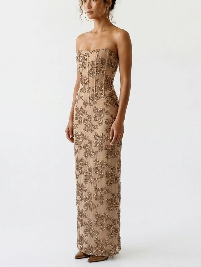 Sequin Embellished Strapless Corset Maxi Dress - Dresses
