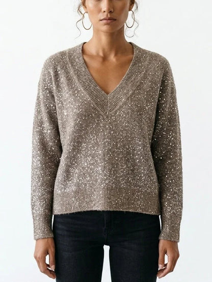Sequin Embellished V Neck Mohair Blend Sweater - Sweaters & Knitwear