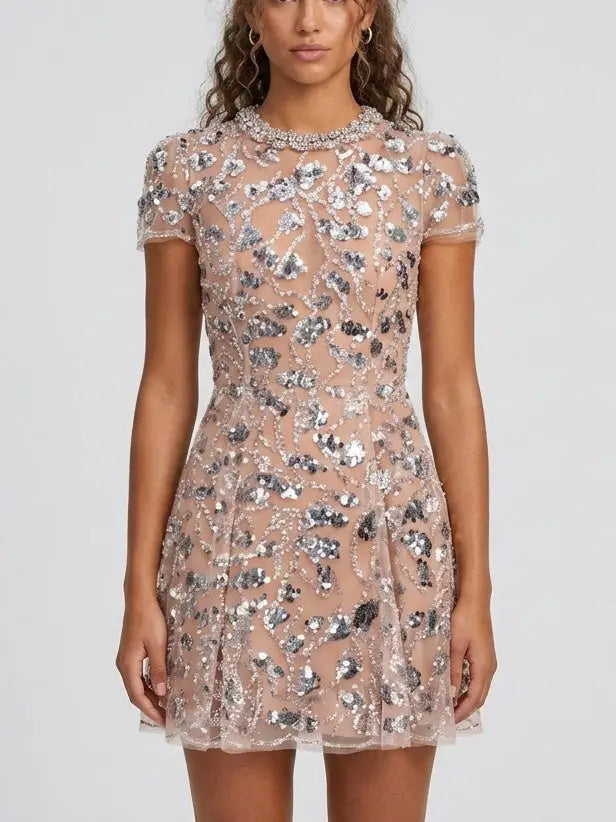 Sequin Embroidered Mini Dress with Rhinestone Collar - Dresses