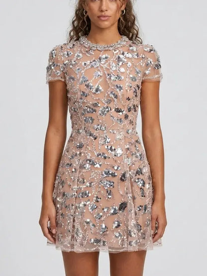 Sequin Embroidered Mini Dress with Rhinestone Collar - Dresses