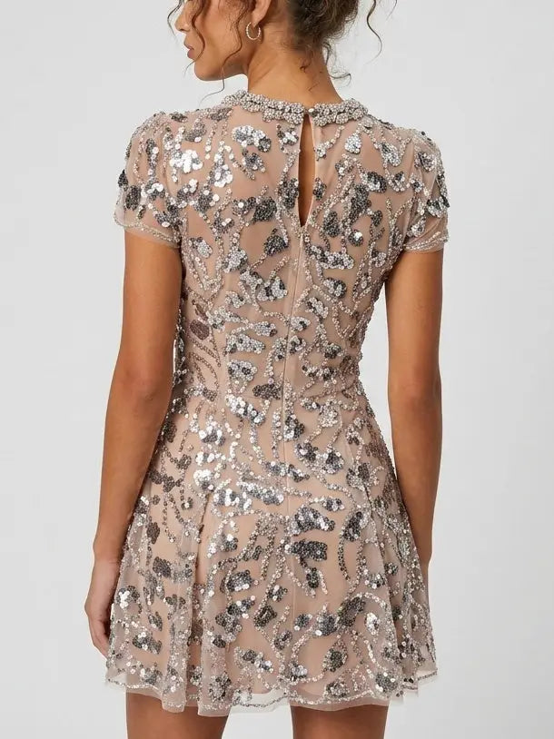 Sequin Embroidered Mini Dress with Rhinestone Collar - Dresses