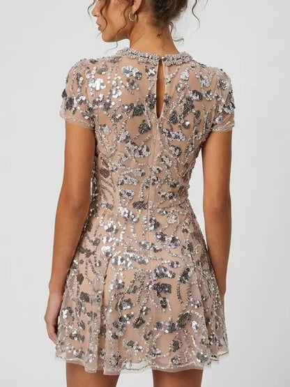 Sequin Embroidered Mini Dress with Rhinestone Collar - Dresses