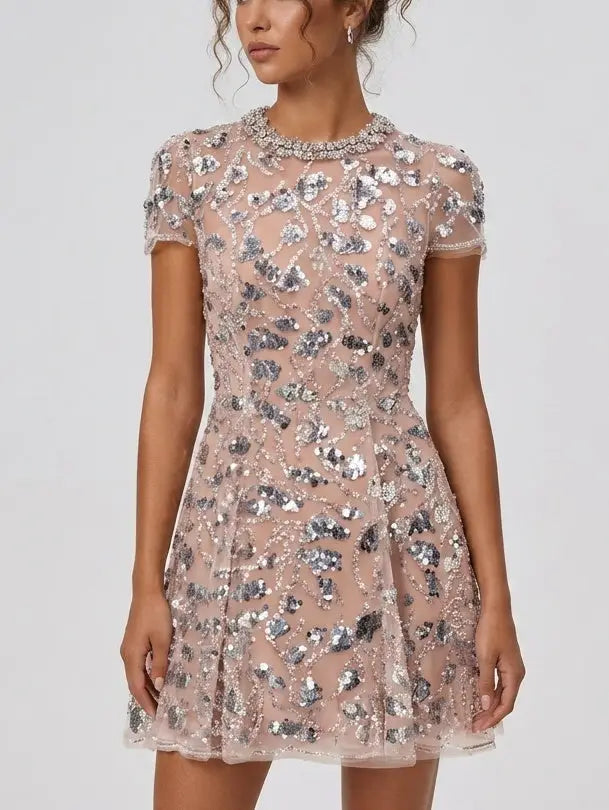 Sequin Embroidered Mini Dress with Rhinestone Collar - Dresses