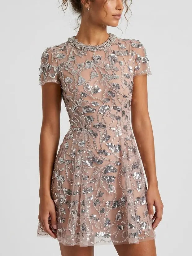 Sequin Embroidered Mini Dress with Rhinestone Collar - Dresses