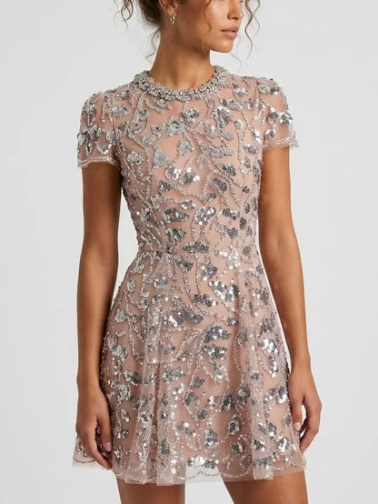 Sequin Embroidered Mini Dress with Rhinestone Collar - Dresses