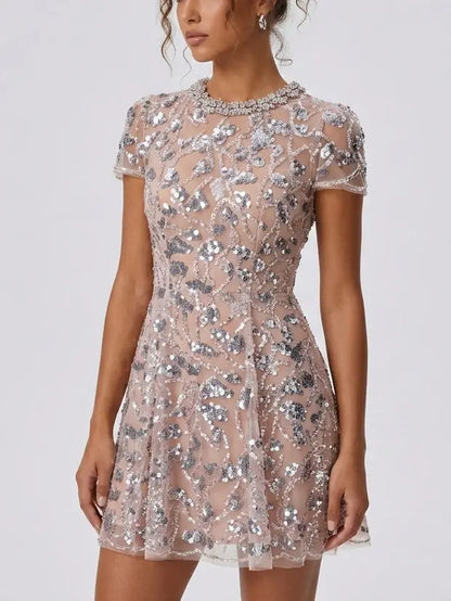 Sequin Embroidered Mini Dress with Rhinestone Collar - Dresses