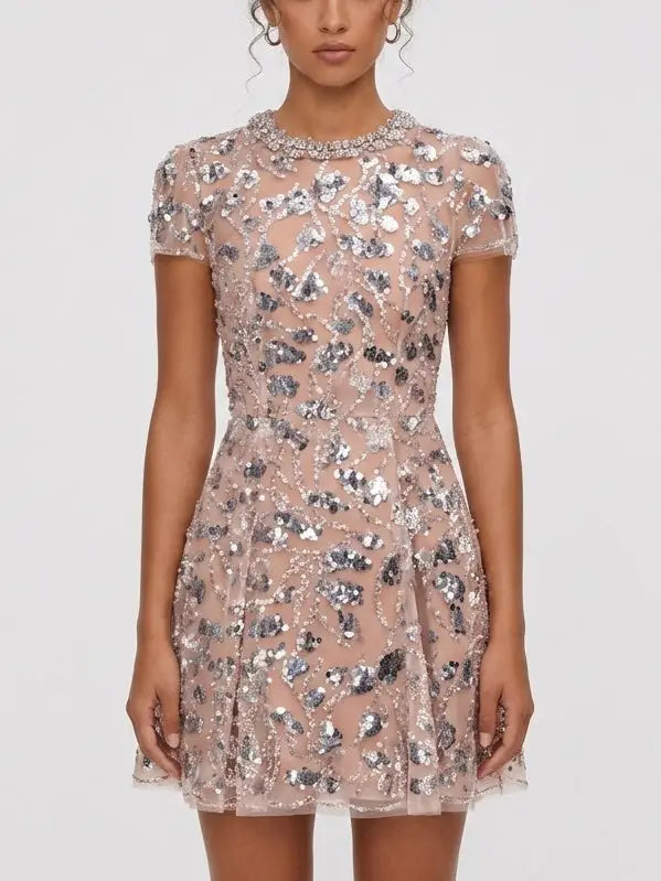 Sequin Embroidered Mini Dress with Rhinestone Collar - Dresses